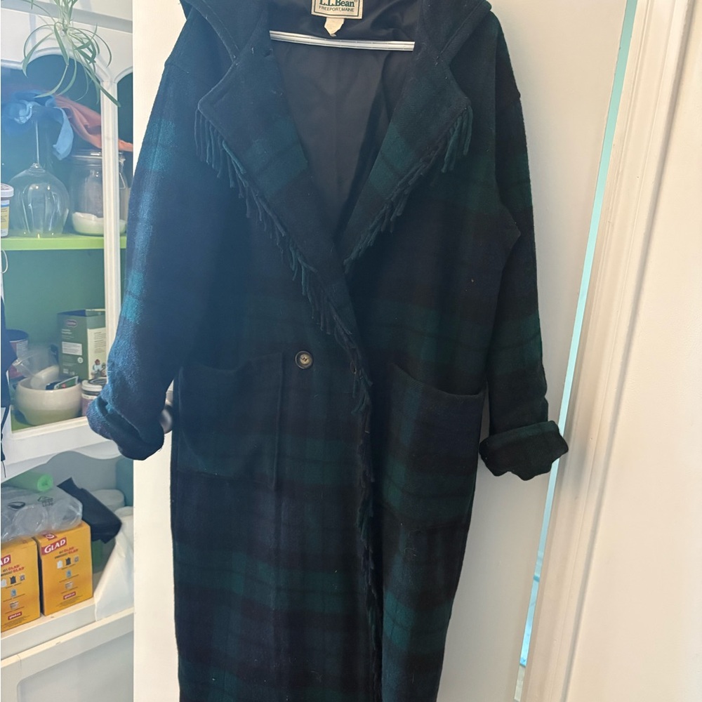 L.L. Bean Black and Green Plaid Trench Coat